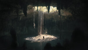 A beam of sunlight radiates town into a dark cavern, where a person stands and looks incredibly small amid the massive, dark space.